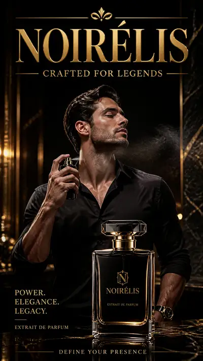 Luxury perfume ad poster with male model and gold branding