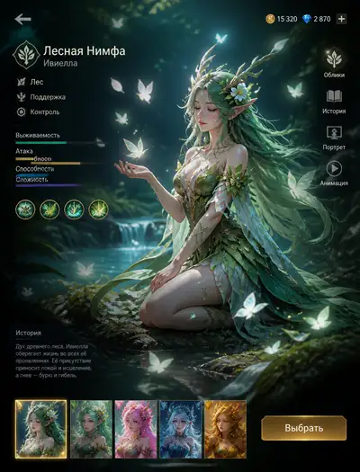 Forest nymph MOBA hero screen looping animation prompt