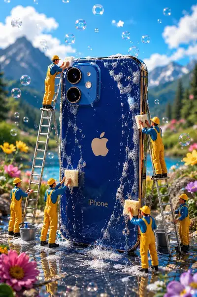 Miniature Workers Cleaning Giant Blue iPhone