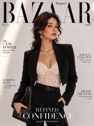 Bazaar Magazine Cover with Korean Tailored Pantsuit Look