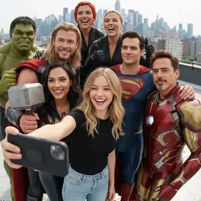 Group selfie with famous superhero characters