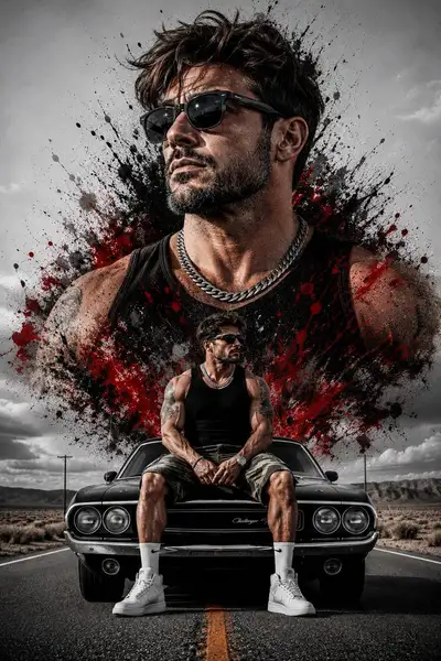 Retrato de doble exposición de hombre musculoso con muscle car