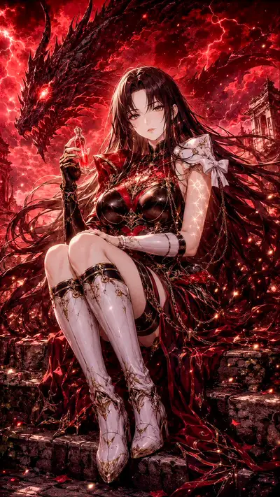 Dark Fantasy Anime Key Visual With Crimson Dragon Sky