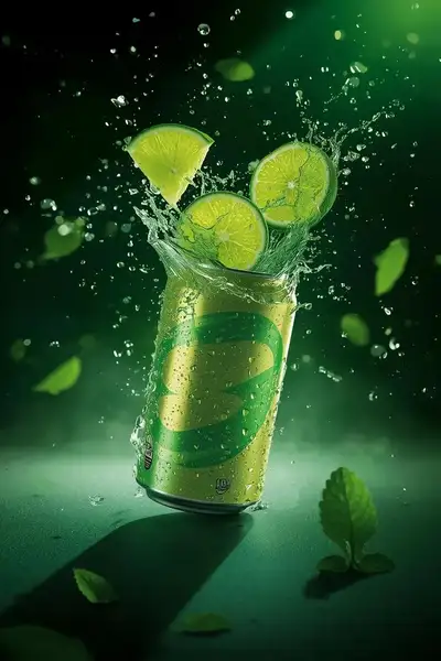 Exploding lime-soda can commercial shot with citrus splash