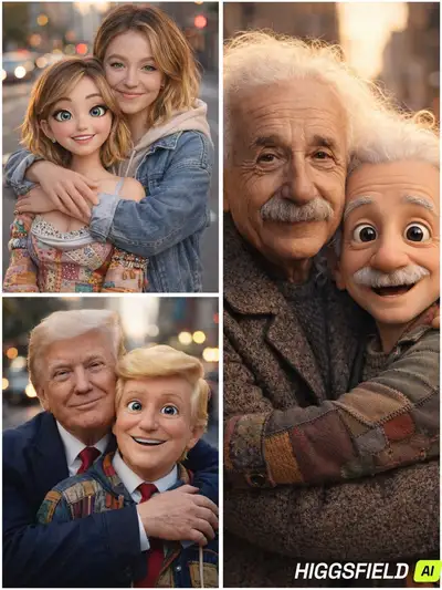 Real person hugging a cartoon version of themselves