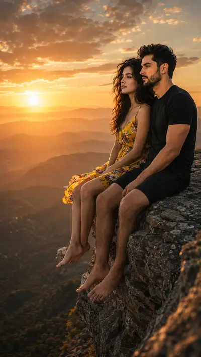 Cinematic Romantic Sunrise Couple on Cliff