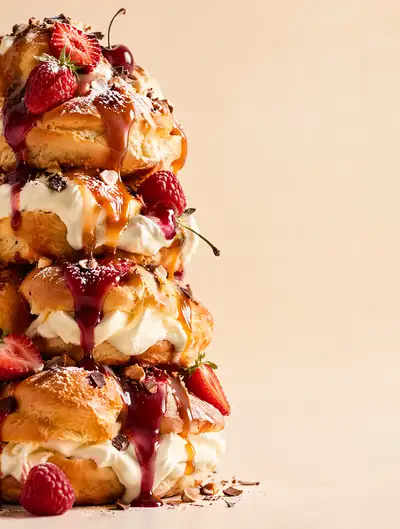 High-end bakery poster of a giant cream puff tower with caramel drips