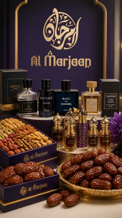 Vitrine de varejo de perfumes e tâmaras de luxo Al Marjaan