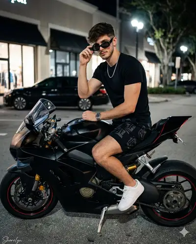 Cinematic Night Motorcycle Portrait Prompt