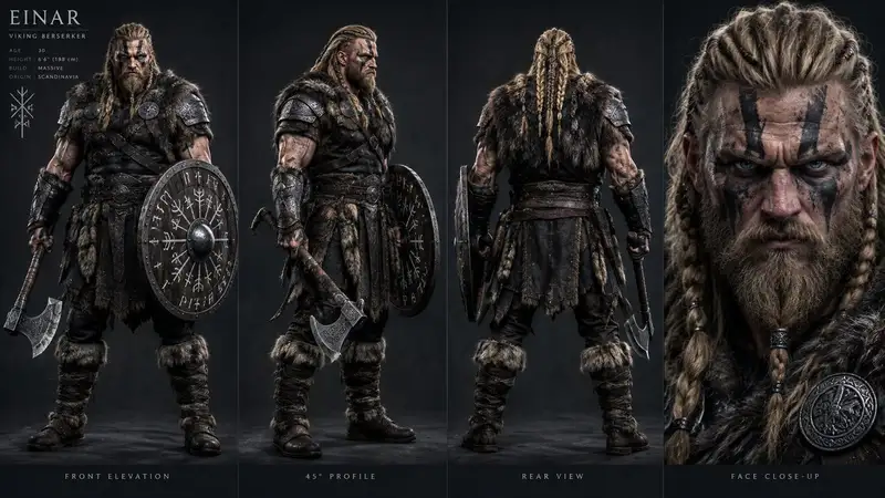 Front View Reference Beard Einar Viking Berserker Character Sheet Prompt | Wikiprompt