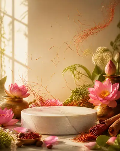 Luxury Ayurvedic Skincare Product Backdrop with Lotus and Saffron