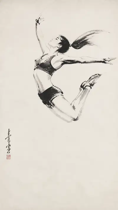 Traditional Chinese ink painting of a leaping female athlete