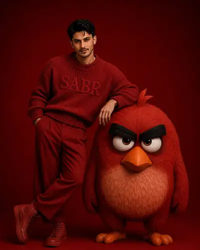 Ultra-realistic fashion portrait with Red from Angry Birds