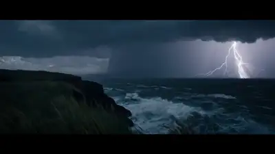 Stormy cliffside wave text reveal