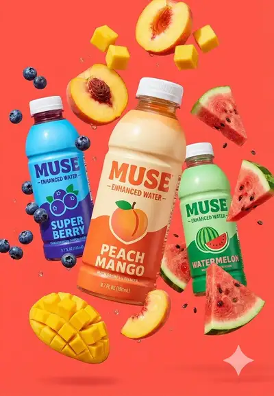 Floating fruit flavored water bottles commercial ad, JSON prompt