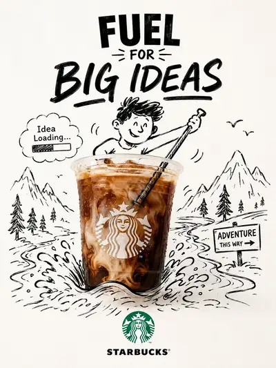 Brand campaign poster blending real product with hand-drawn doodle art