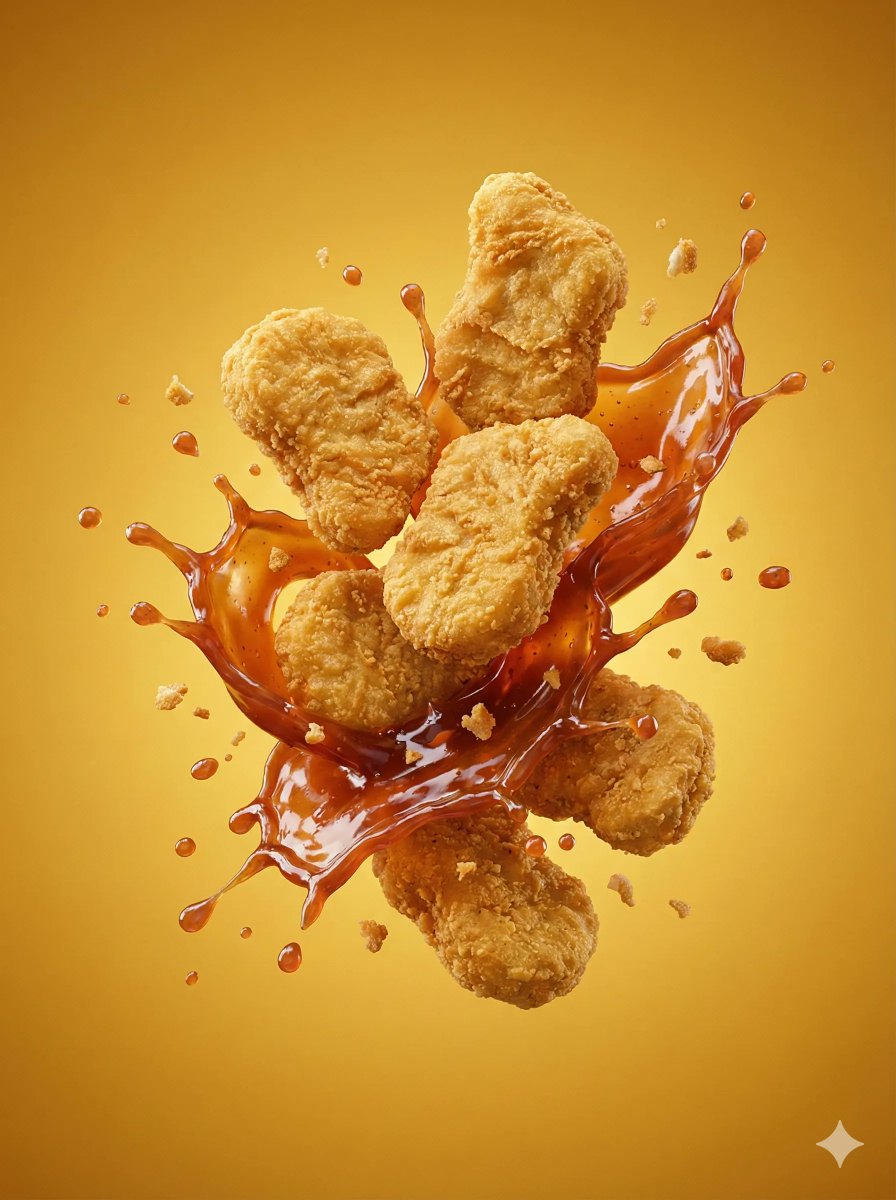 Chicken nuggets suspended in sweet and sour sauce splash