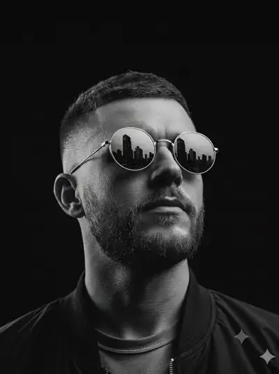 Dramatic Black and White Portrait with Cityscape Sunglasses