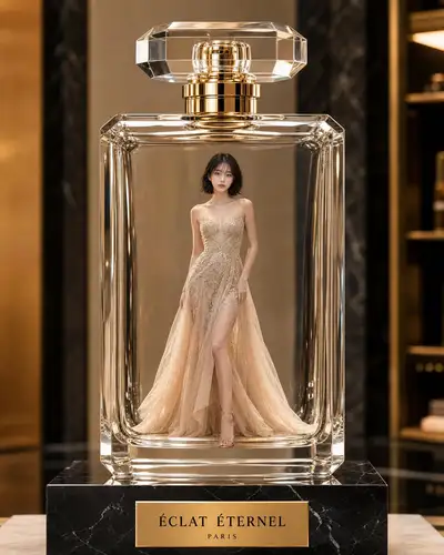 Prompt de campanha de moda com um frasco de perfume transparente gigante