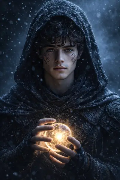 Porträt eines kapuzentragenden düsteren Fantasy-Magiers im Schneefall
