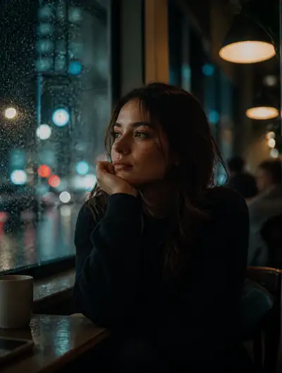 Rainy window cafe portrait with moody cinematic lighting