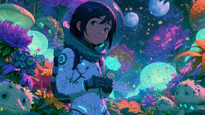 Anime Astronaut with Bioluminescent Alien Flower