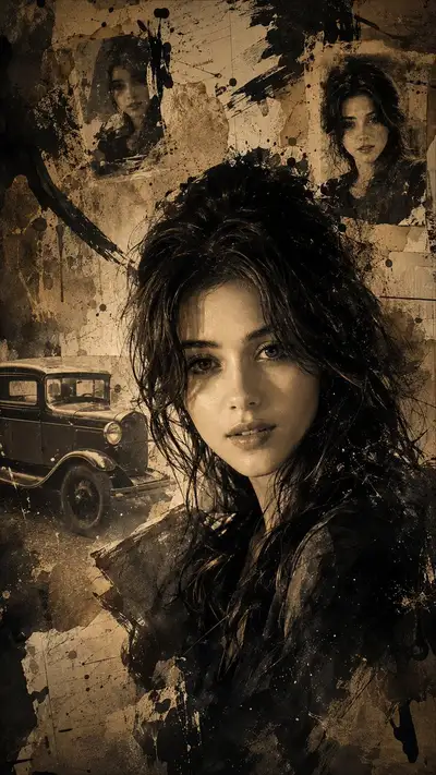 Sepia Noir Collage Portrait with Vintage Car
