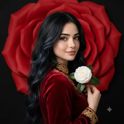 Elegant Portrait with Crimson Dress and Camellia