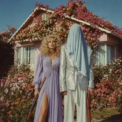 Surreal vintage fashion editorial with floral house