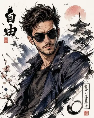 Conceito de autorretrato ilustrado à mão com pincel de tinta ao estilo japonês