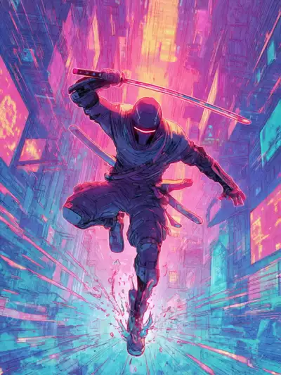 Cyberpunk Swordsman Action Scene Prompt