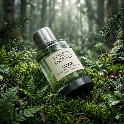 Forest-themed perfume bottle product photography