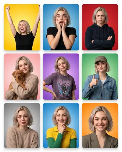 Six-panel character emotion grid with color-coded moods