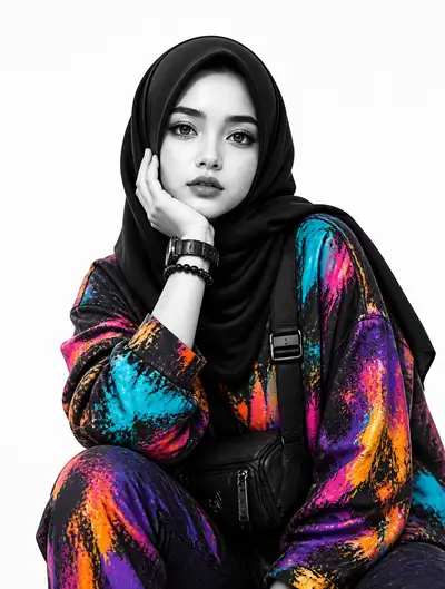 Editorial de moda monocromática con hiyab en salpicaduras de color