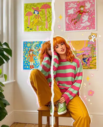 Real-life vs illustrated split-screen portrait with a torn-paper divide