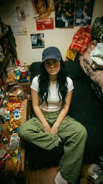 Cinematic Indie Film Still of a Young Woman in a Cluttered Dorm Room
