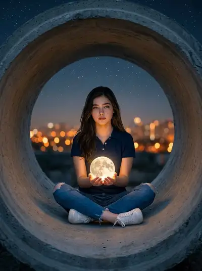 Surreal Portrait Holding a Glowing Miniature Moon