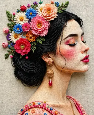 美術館クオリティの刺繍風フローラルポートレート効果