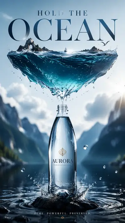 Water bottle poster with a floating ocean inside
