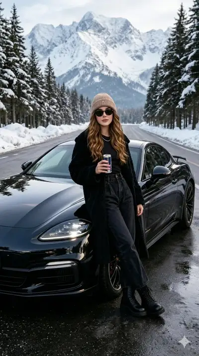 Moody Alpine Fashion Shot with Luxury Car