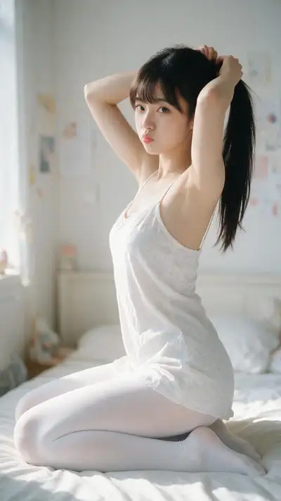 Portrait éditorial en douce lumière matinale dans une chambre chaleureuse
