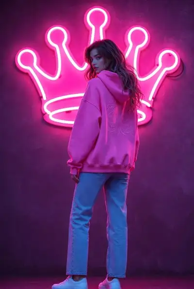Rear-view vaporwave portrait beside a glowing neon crown sign