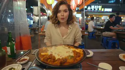 Cinematic Korean Night Market Food Vlog Video Prompt