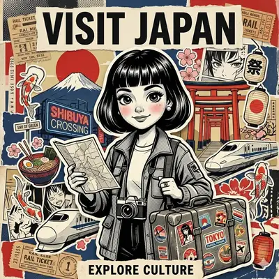 Affiche de voyage rétro avec voyageur poupée pop-art (JSON)