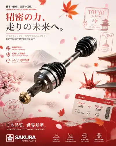 Japan-inspired CV axle auto parts poster with travel motifs