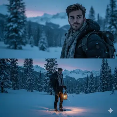 Cinematic snowy forest portrait with lantern light