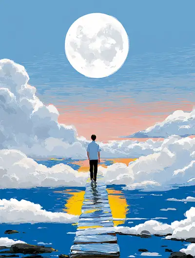光る月へと続く幻想的な虹の橋