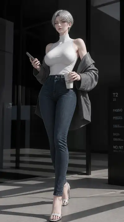 Cool-toned androgynous urban portrait with coffee and phone