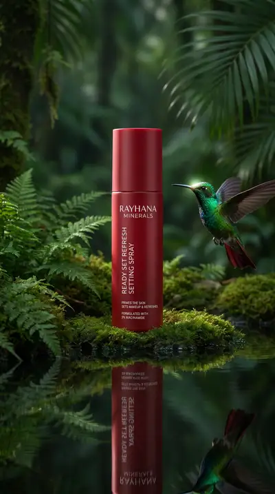 Setting spray bottle product shot with hummingbird in jungle