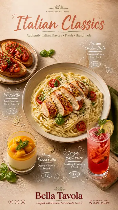 Italian restaurant menu campaign poster with hand-drawn annotations